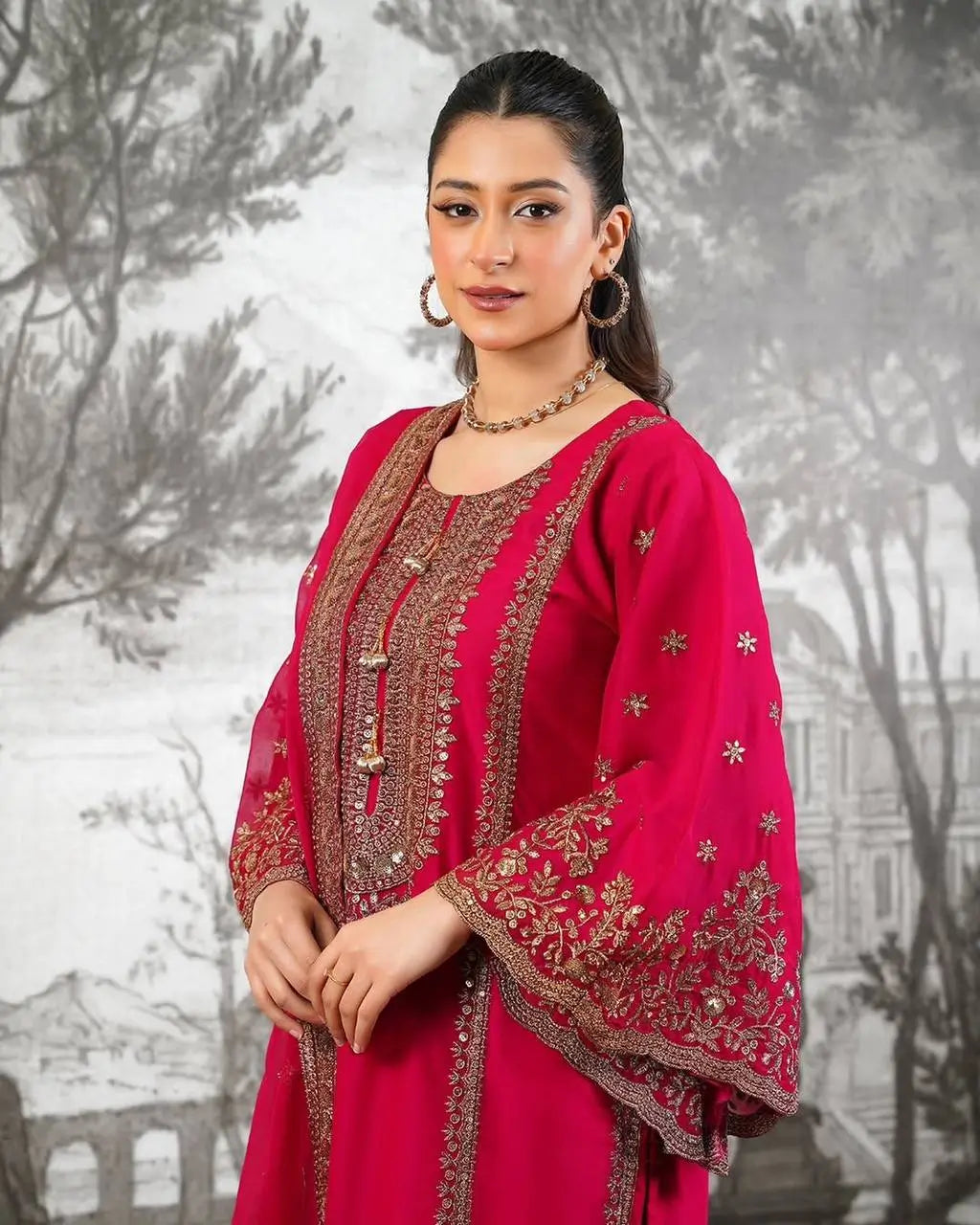 Black and Red Fendy Silk Sharara Suit Set for Festive and Occasion Wear
