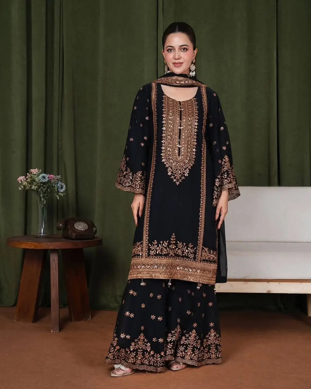 Black and Red Fendy Silk Sharara Suit Set for Festive and Occasion Wear