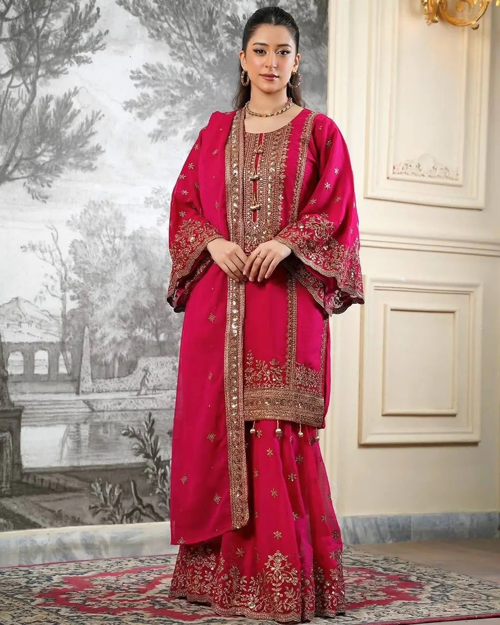 Black and Red Fendy Silk Sharara Suit Set for Festive and Occasion Wear