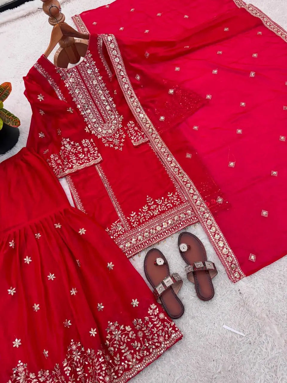 Black and Red Fendy Silk Sharara Suit Set for Festive and Occasion Wear