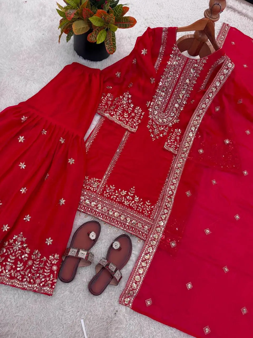 Black and Red Fendy Silk Sharara Suit Set for Festive and Occasion Wear
