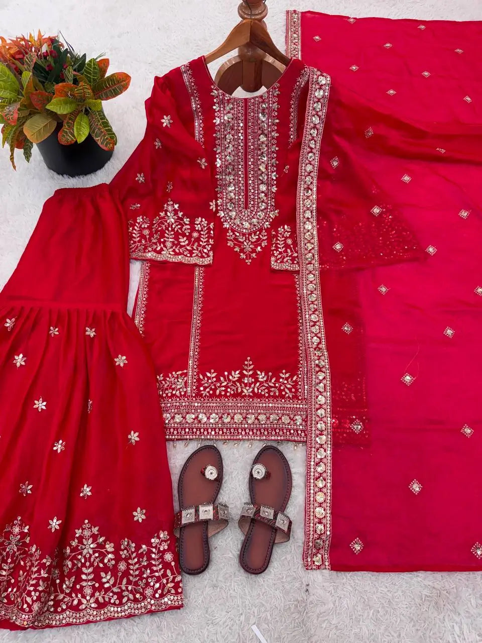 Black and Red Fendy Silk Sharara Suit Set for Festive and Occasion Wear