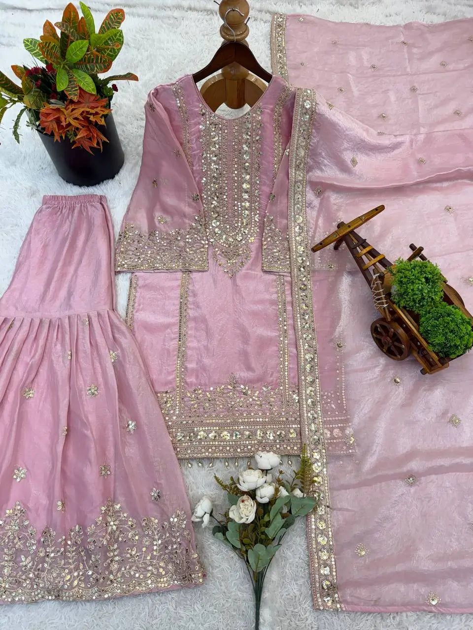 Black and Red Fendy Silk Sharara Suit Set for Festive and Occasion Wear