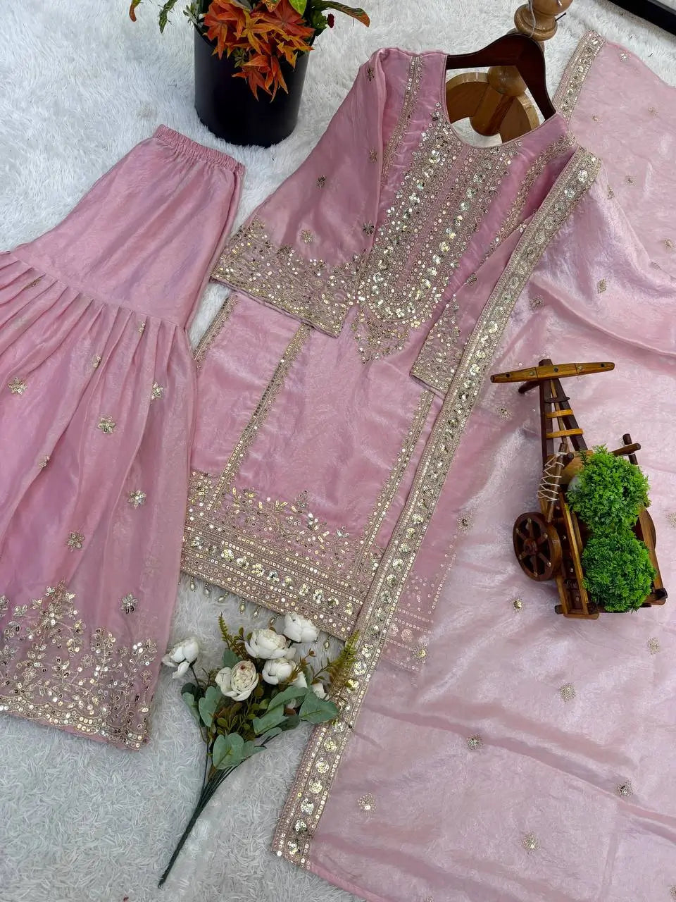 Black and Red Fendy Silk Sharara Suit Set for Festive and Occasion Wear
