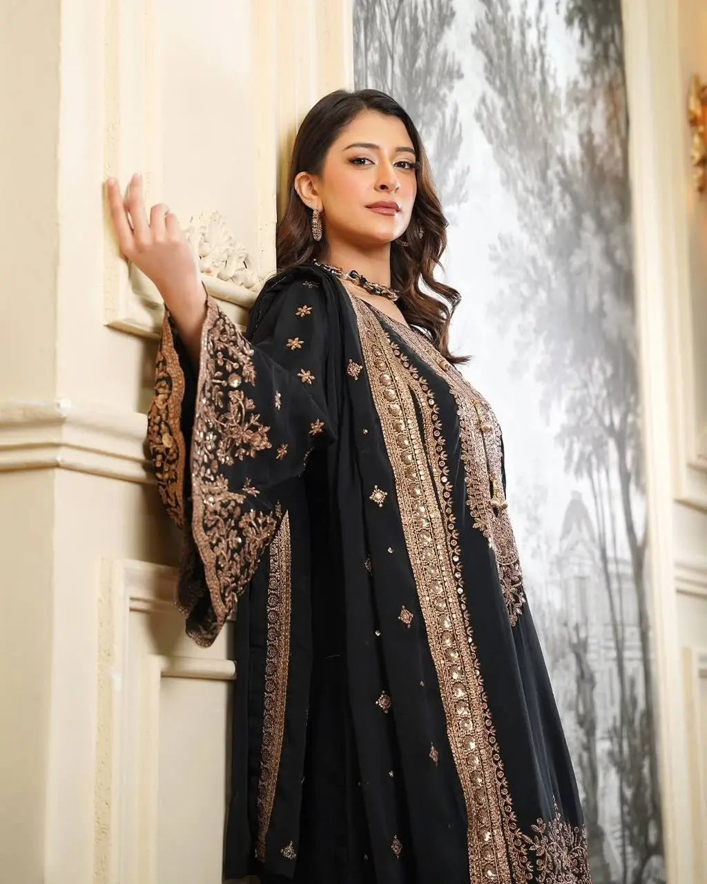 Black and Red Fendy Silk Sharara Suit Set for Festive and Occasion Wear