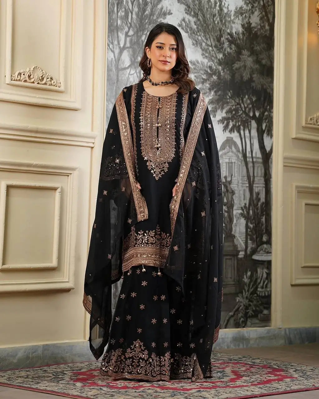 Black and Red Fendy Silk Sharara Suit Set for Festive and Occasion Wear