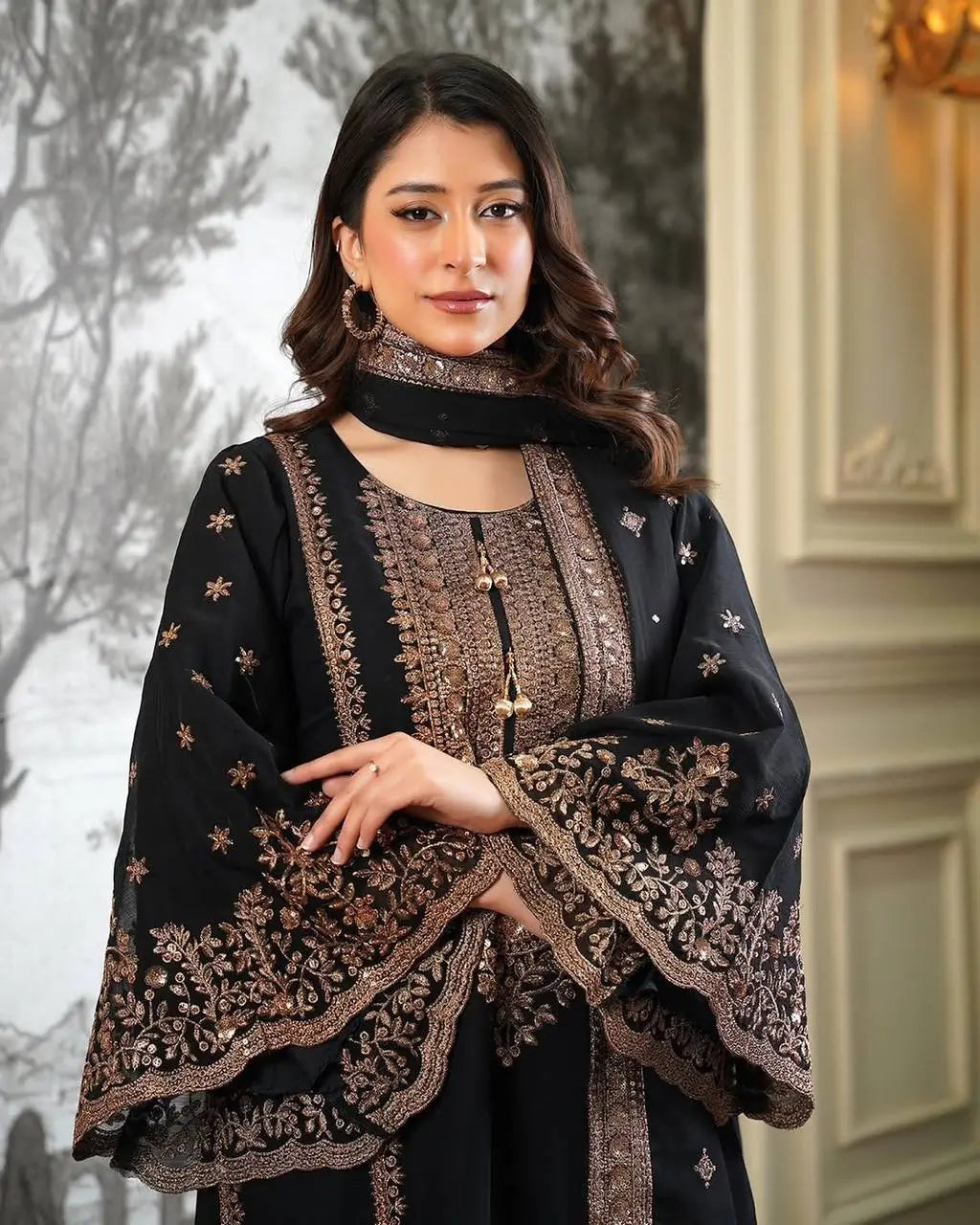 Black and Red Fendy Silk Sharara Suit Set for Festive and Occasion Wear