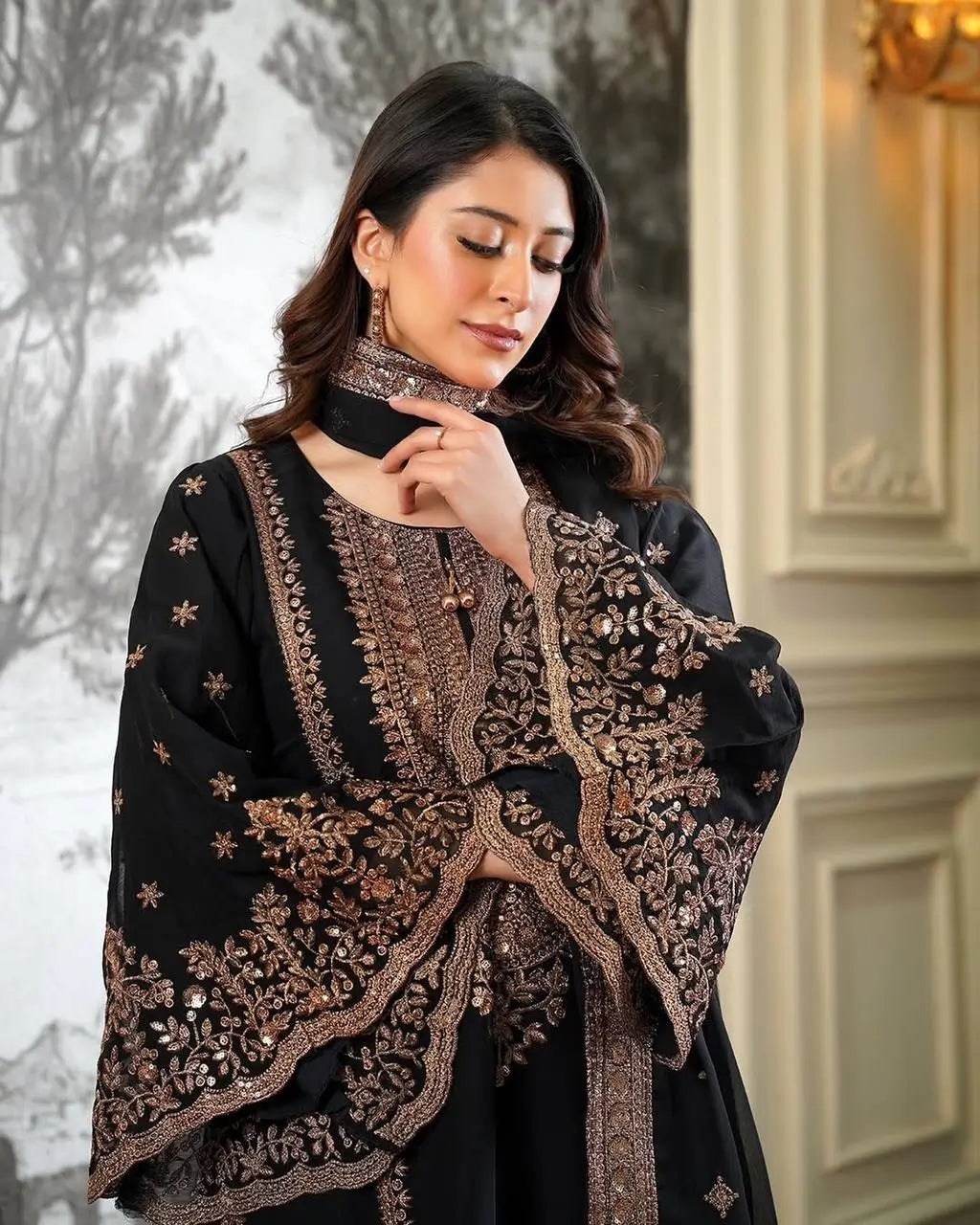 Black and Red Fendy Silk Sharara Suit Set for Festive and Occasion Wear