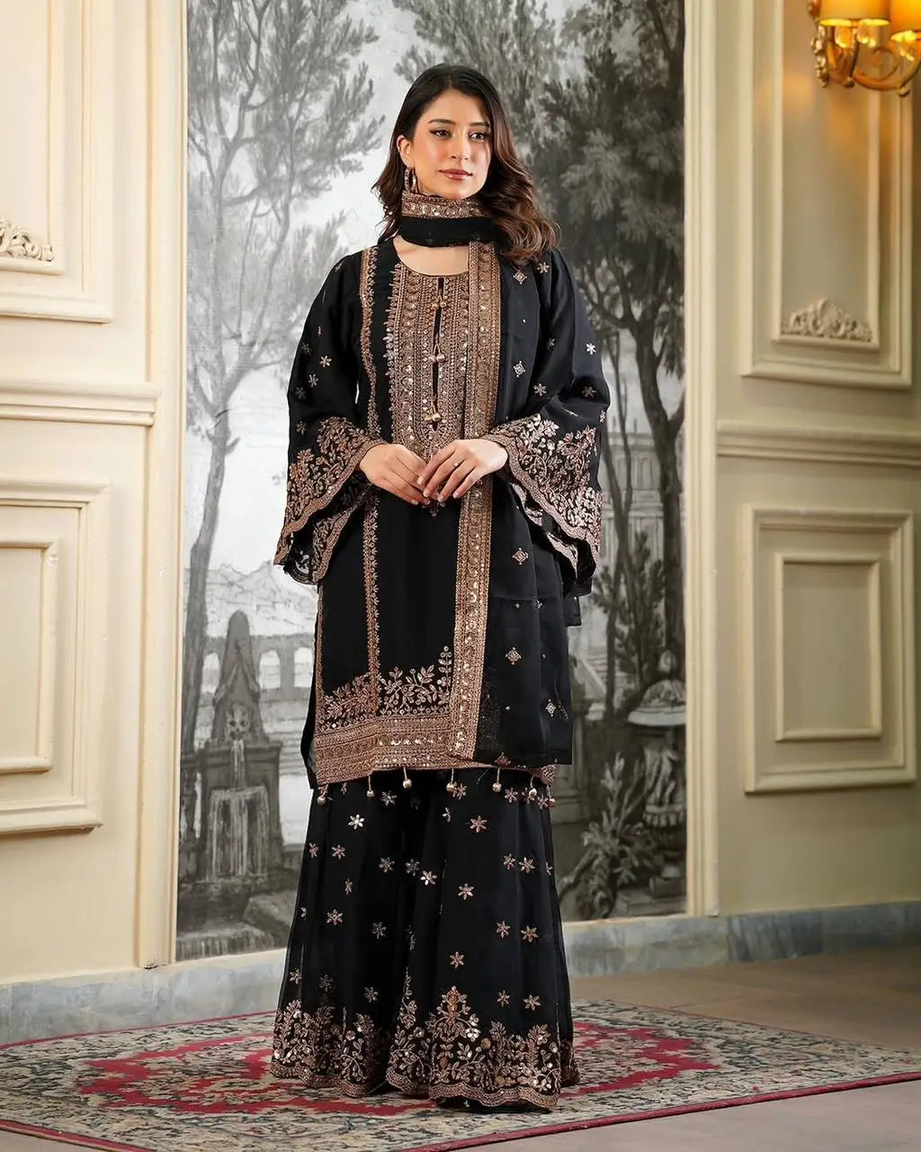 Black and Red Fendy Silk Sharara Suit Set for Festive and Occasion Wear