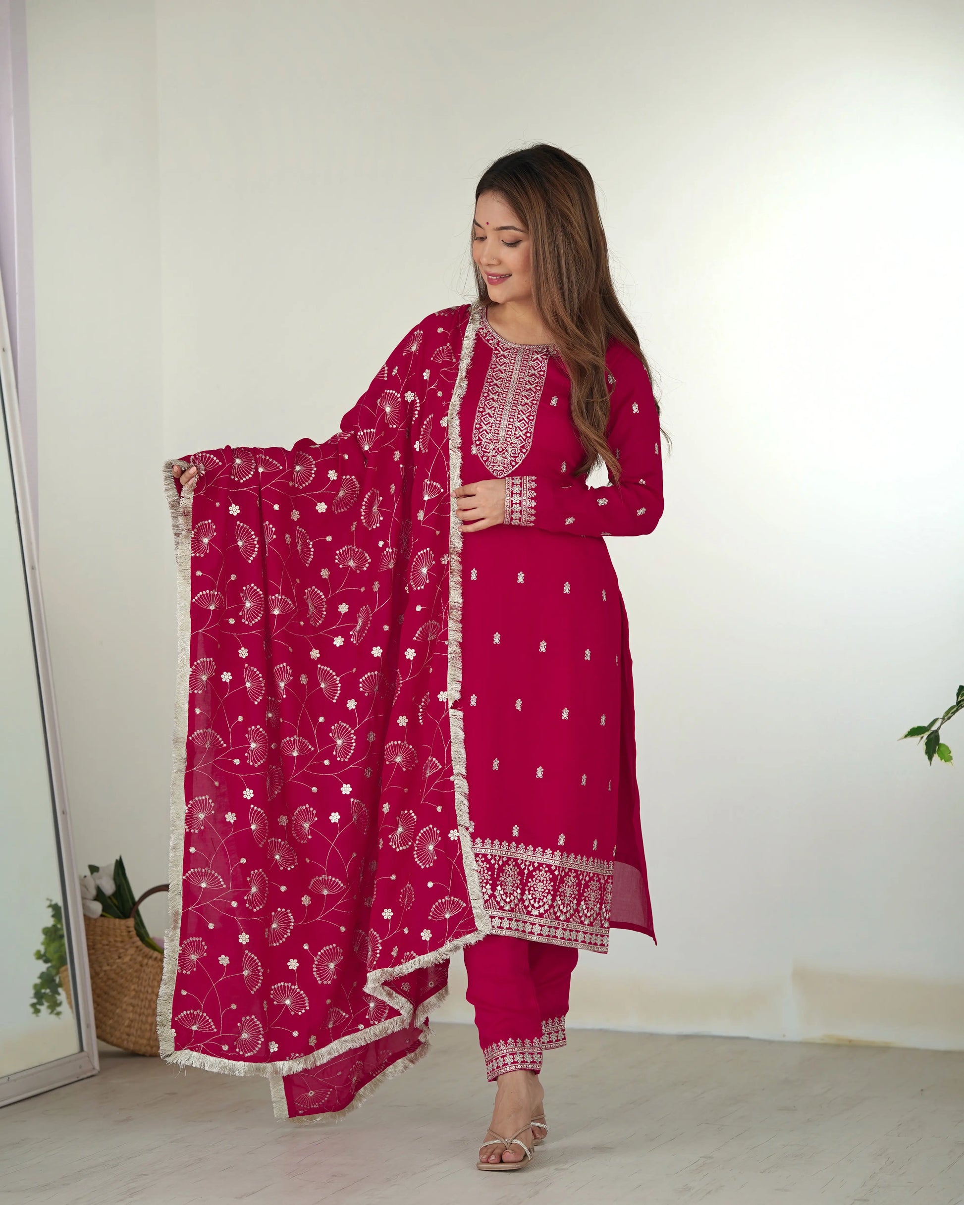 Blooming Rangoli Silk Embroidered Suit Set with Dupatta