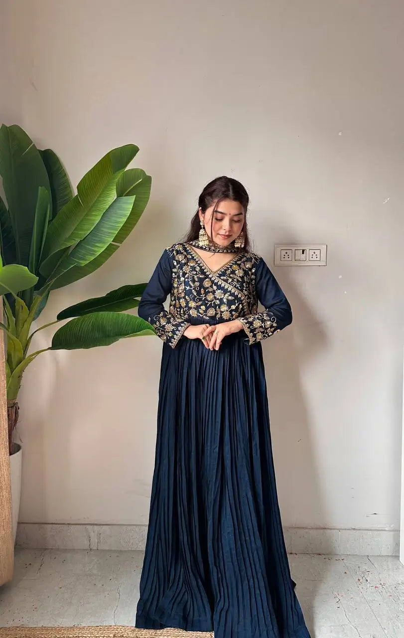 Blooming Vichitra Embroidered Floor Length Anarkali Set for Wedding and Festive Wear
