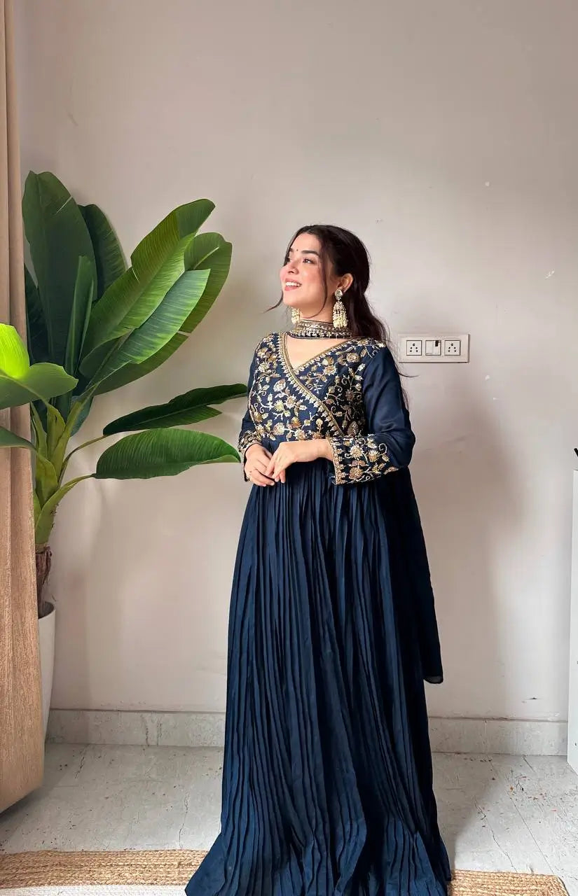 Blooming Vichitra Embroidered Floor Length Anarkali Set for Wedding and Festive Wear