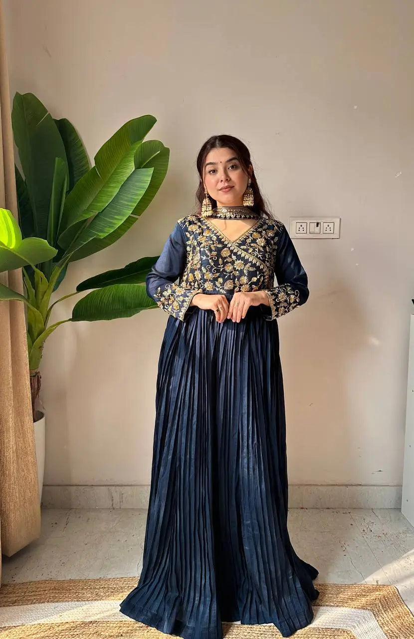 Blooming Vichitra Embroidered Floor Length Anarkali Set for Wedding and Festive Wear