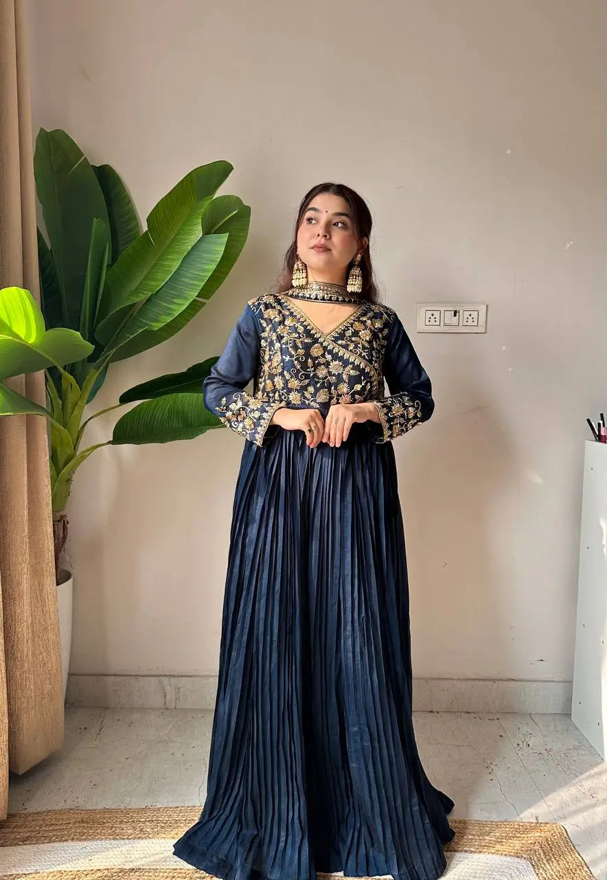 Blooming Vichitra Embroidered Floor Length Anarkali Set for Wedding and Festive Wear