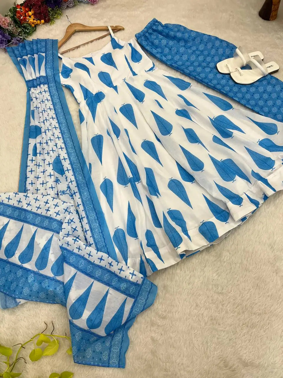 Blue Cambric Cotton Sleeveless Anarkali Set with Dupatta