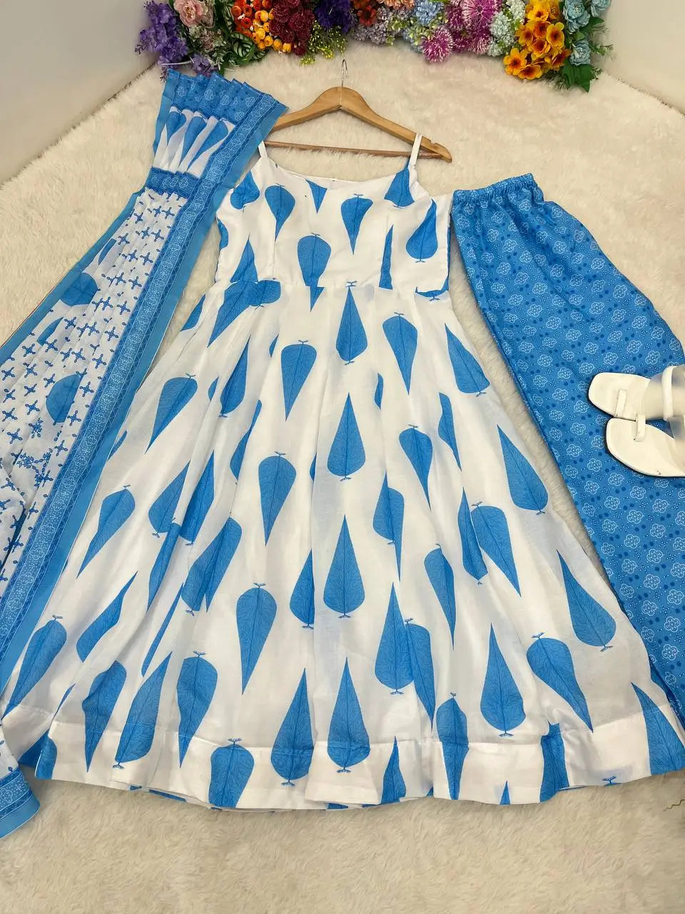 Blue Cambric Cotton Sleeveless Anarkali Set with Dupatta