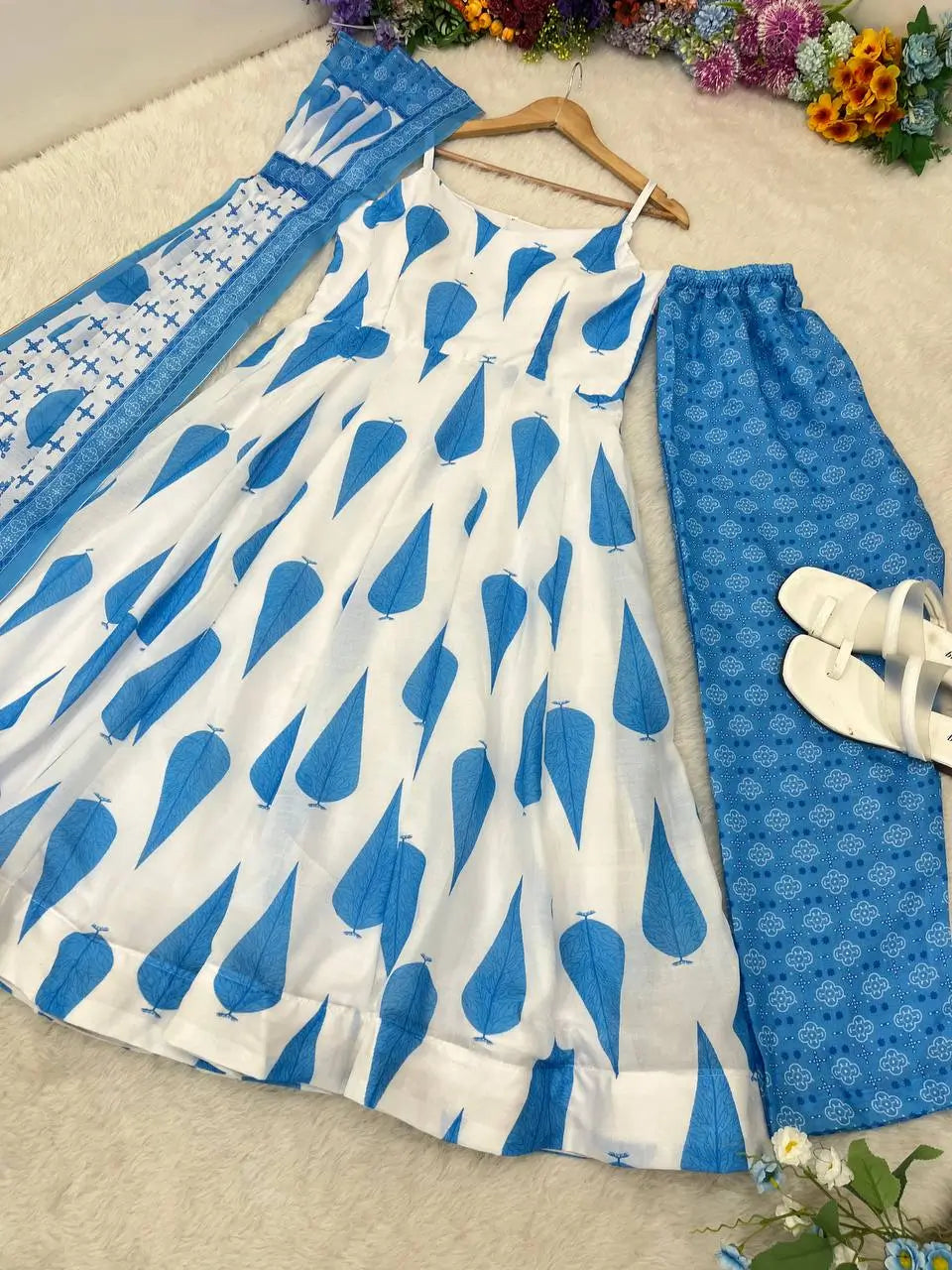 Blue Cambric Cotton Sleeveless Anarkali Set with Dupatta