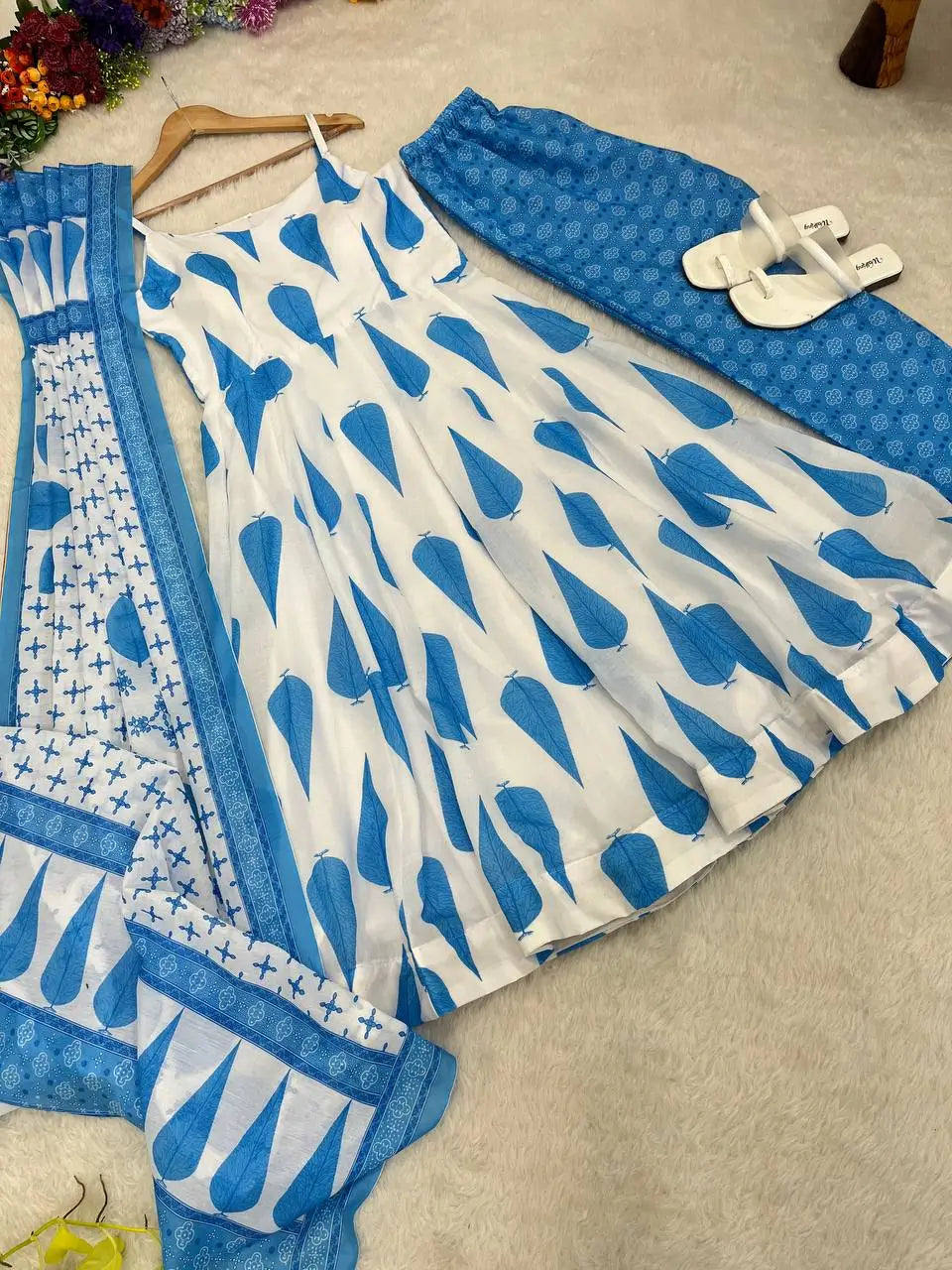 Blue Cambric Cotton Sleeveless Anarkali Set with Dupatta