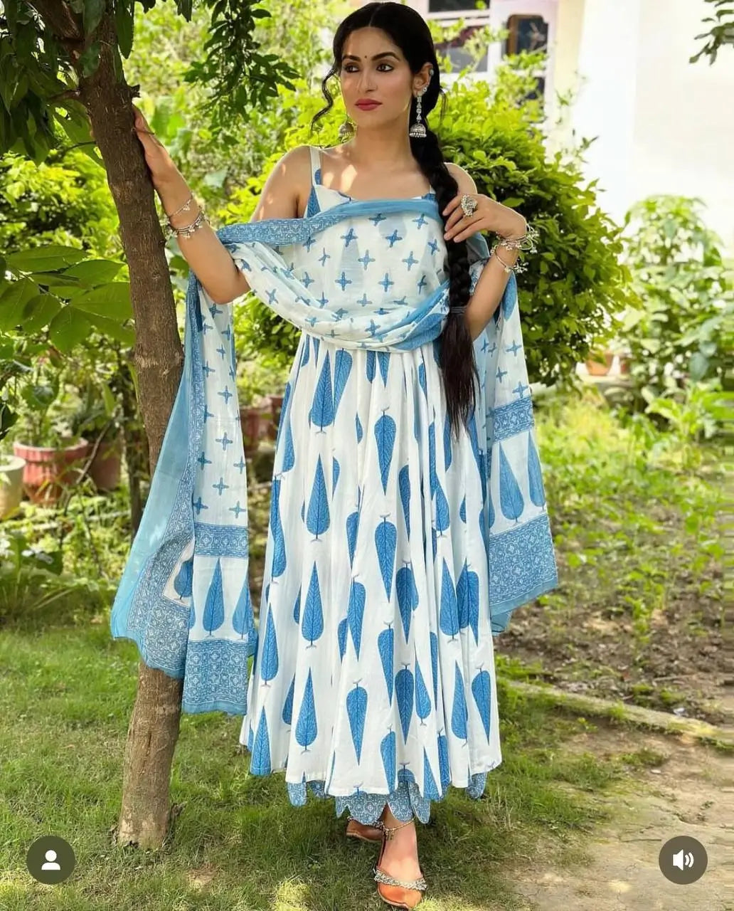 Blue Cambric Cotton Sleeveless Anarkali Set with Dupatta
