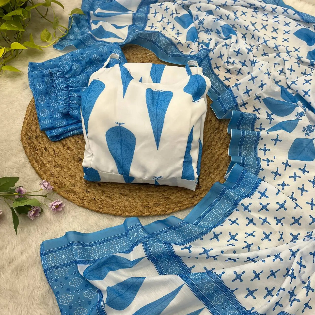 Blue Cambric Cotton Sleeveless Anarkali Set with Dupatta