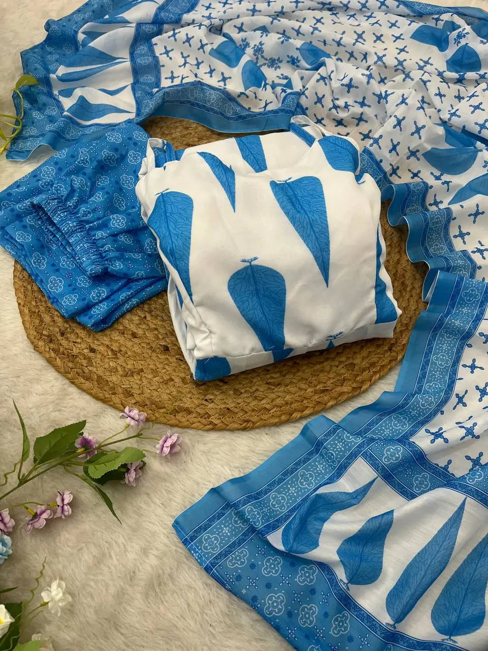 Blue Cambric Cotton Sleeveless Anarkali Set with Dupatta