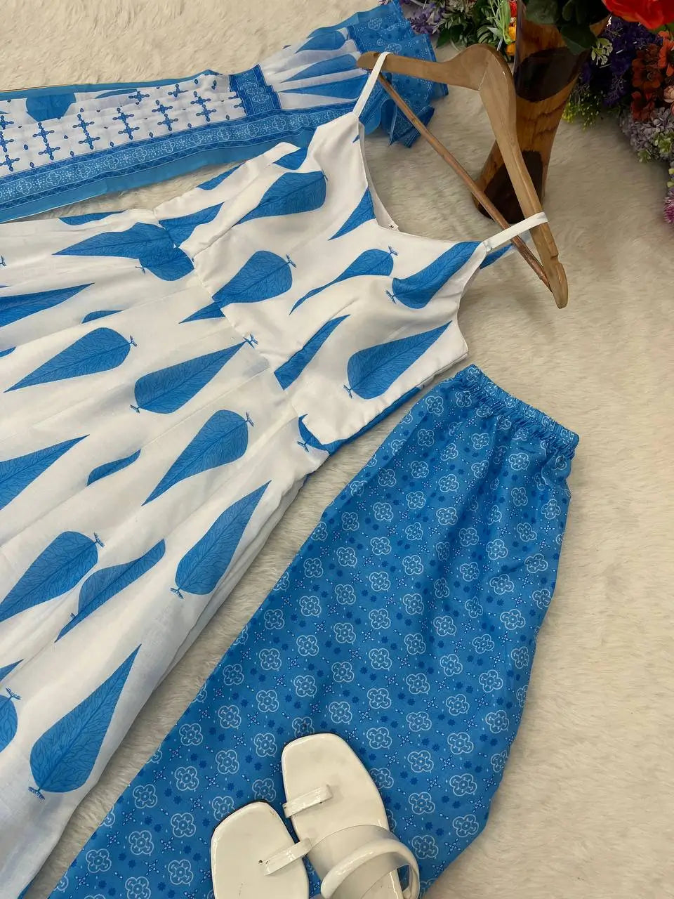 Blue Cambric Cotton Sleeveless Anarkali Set with Dupatta