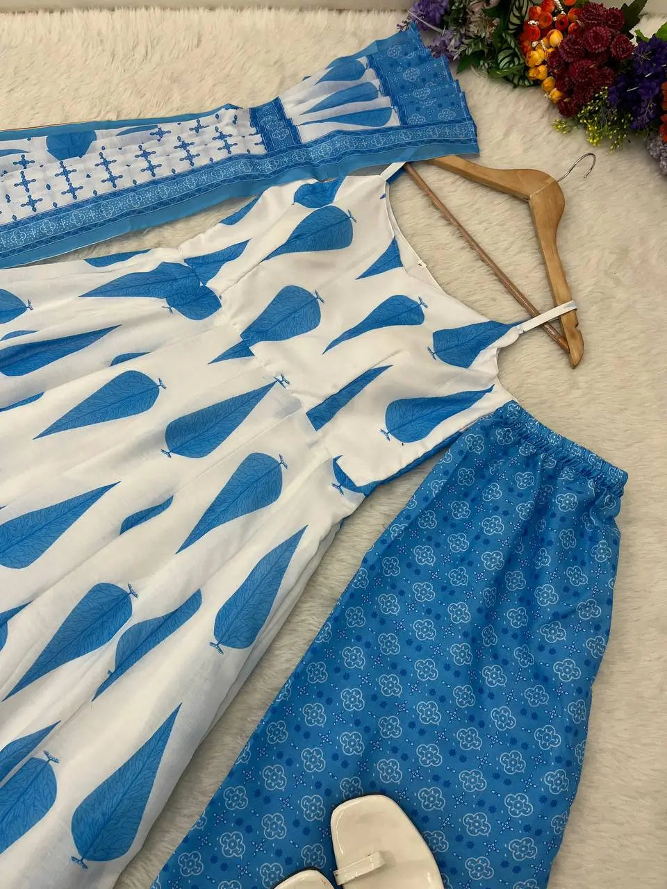 Blue Cambric Cotton Sleeveless Anarkali Set with Dupatta