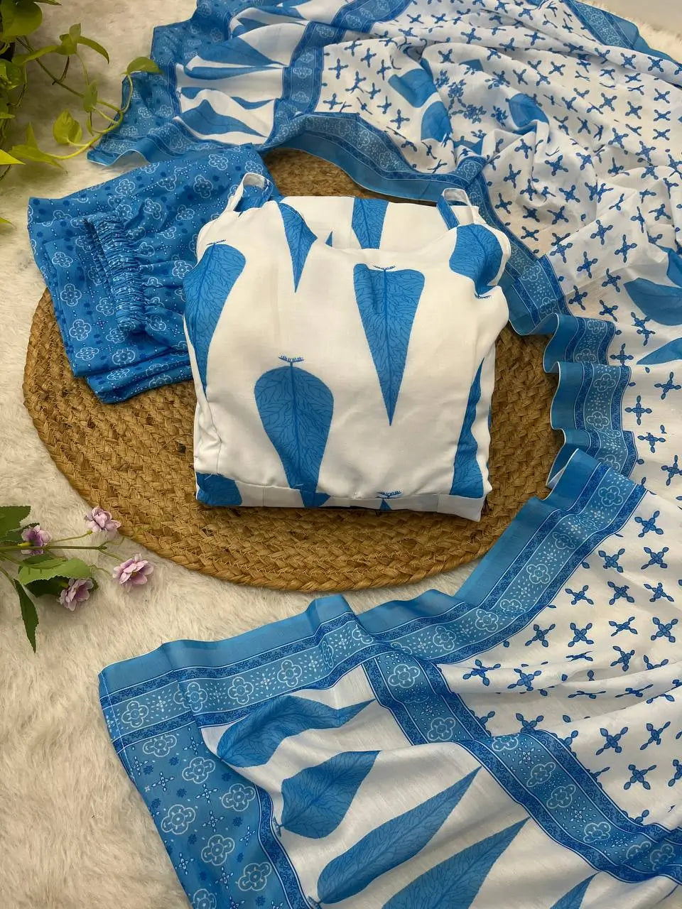 Blue Cambric Cotton Sleeveless Anarkali Set with Dupatta