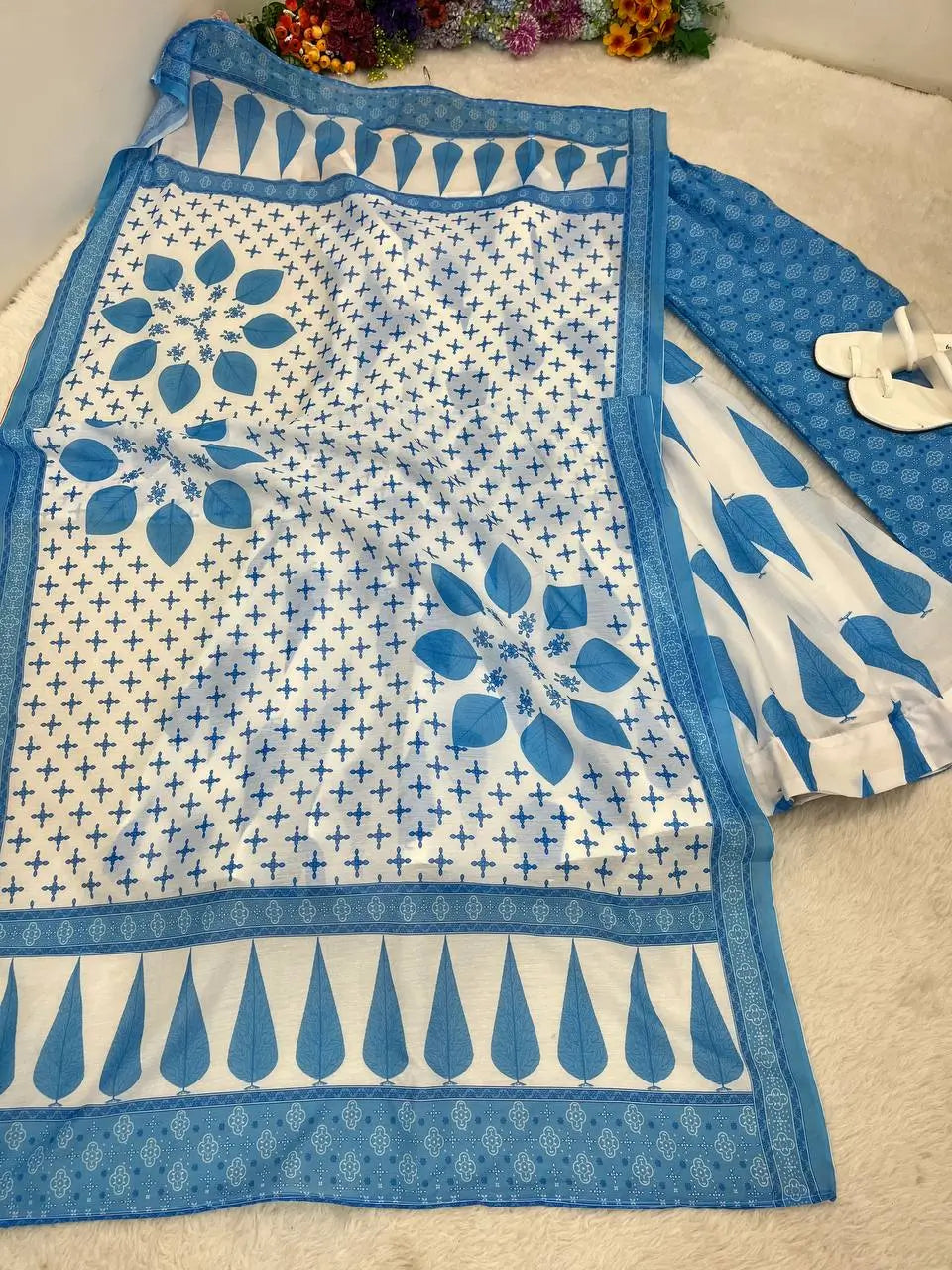 Blue Cambric Cotton Sleeveless Anarkali Set with Dupatta