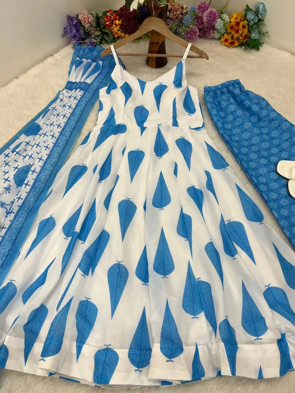 Blue Cambric Cotton Sleeveless Anarkali Set with Dupatta