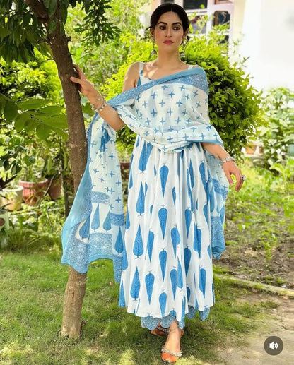 Blue Cambric Cotton Sleeveless Anarkali Set with Dupatta