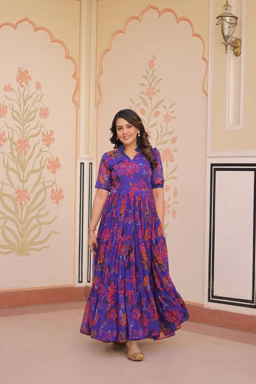 Blue Floral Printed Faux Georgette Gown | 12 MTR Flair | Festive & Party Wear