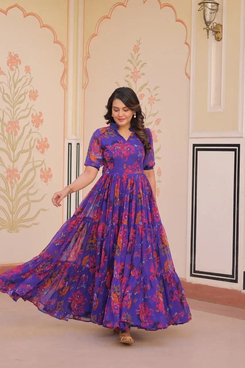 Blue Floral Printed Faux Georgette Gown | 12 MTR Flair | Festive & Party Wear