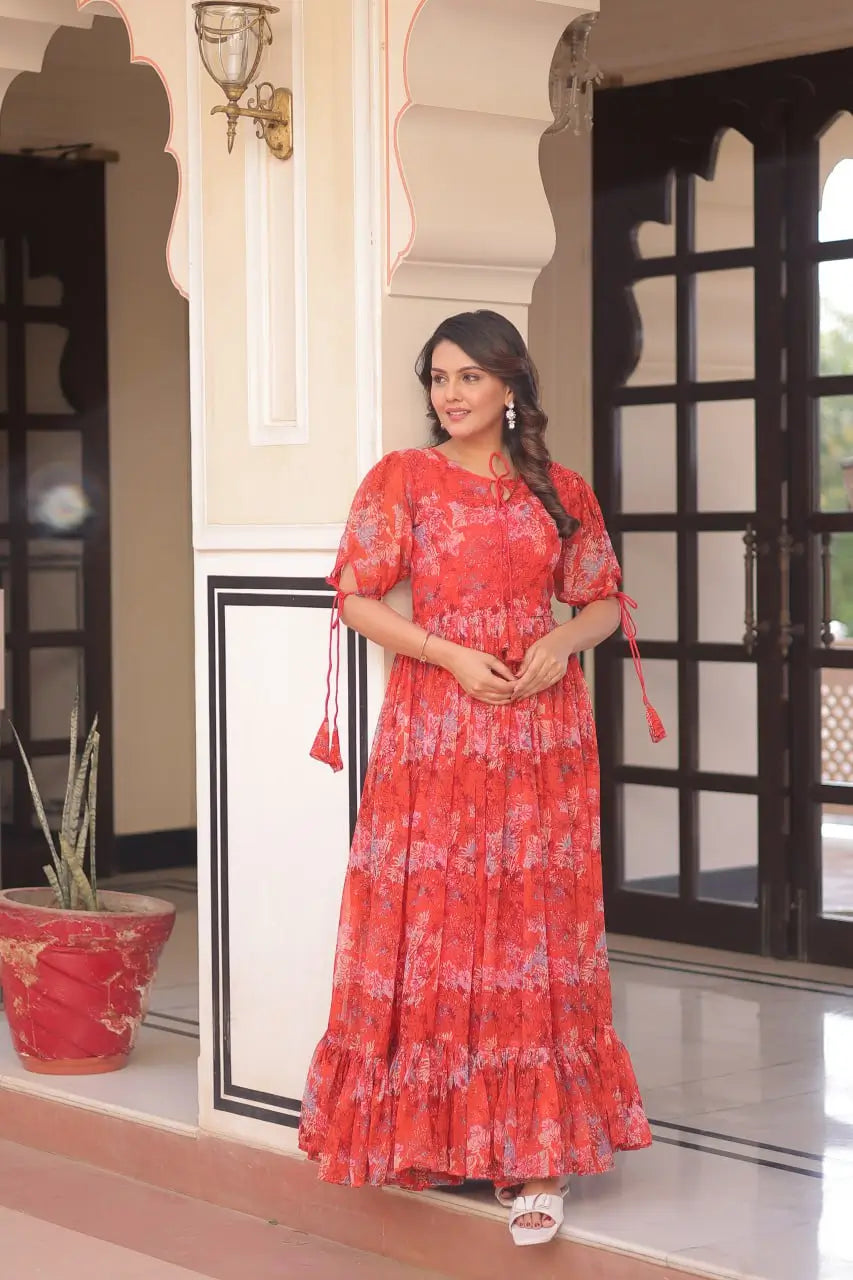 Blue Floral Printed Faux Georgette Gown | 12 MTR Flair | Festive & Party Wear