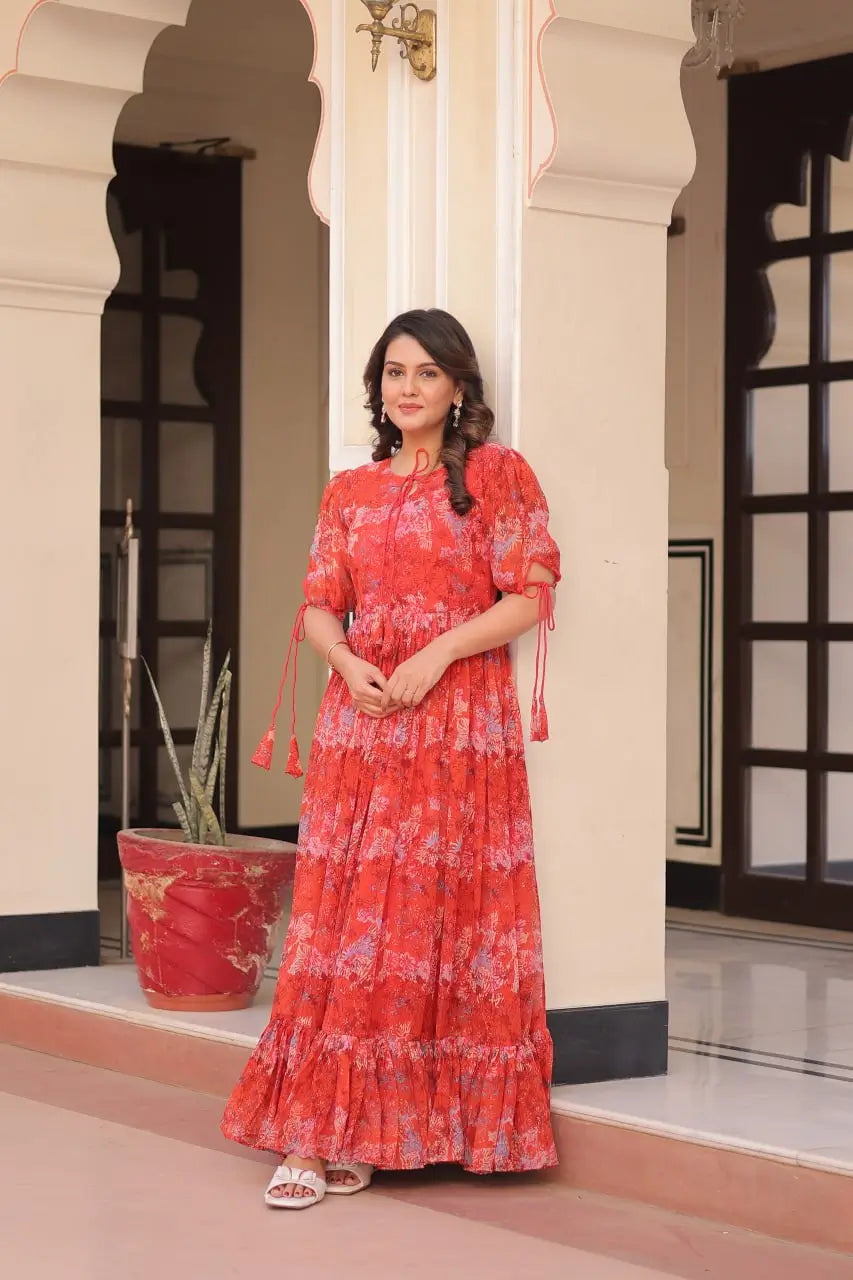 Blue Floral Printed Faux Georgette Gown | 12 MTR Flair | Festive & Party Wear