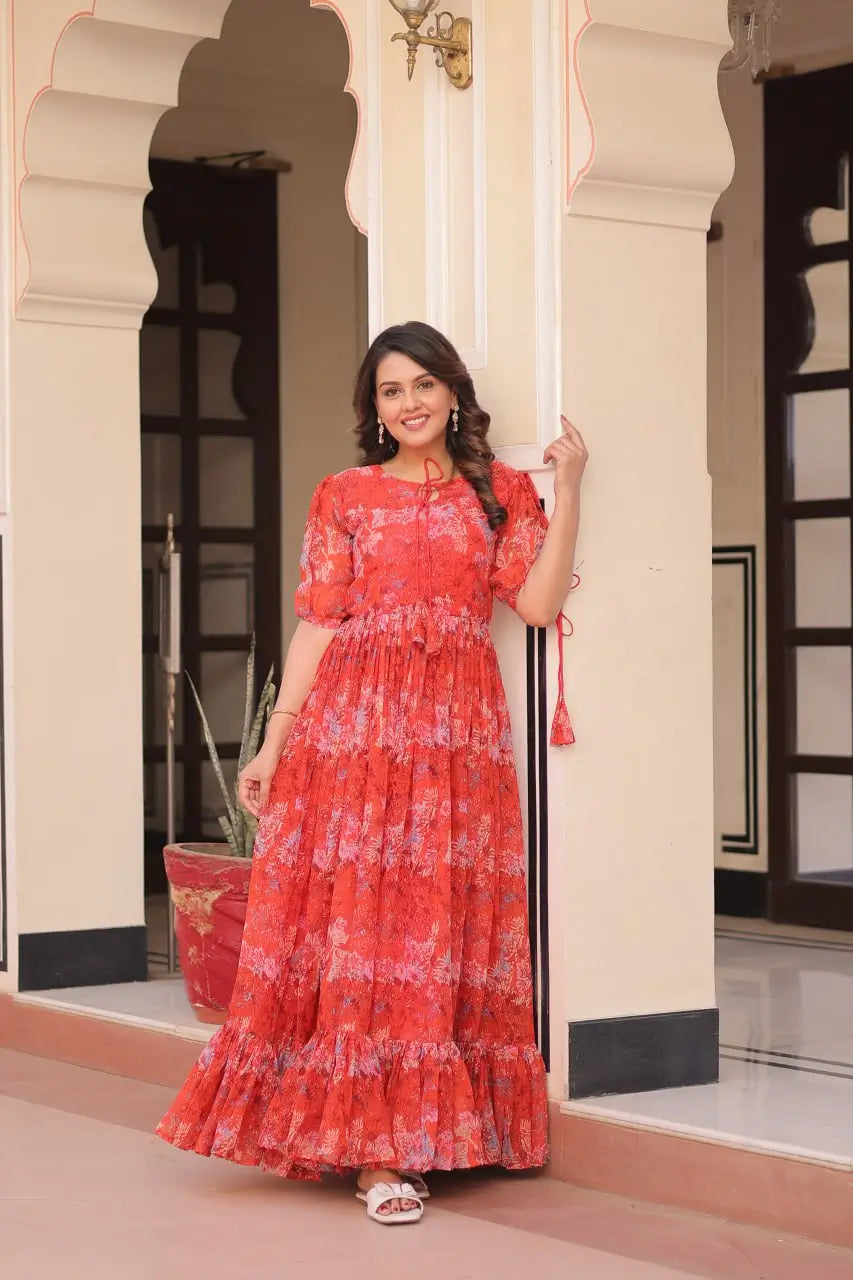Blue Floral Printed Faux Georgette Gown | 12 MTR Flair | Festive & Party Wear