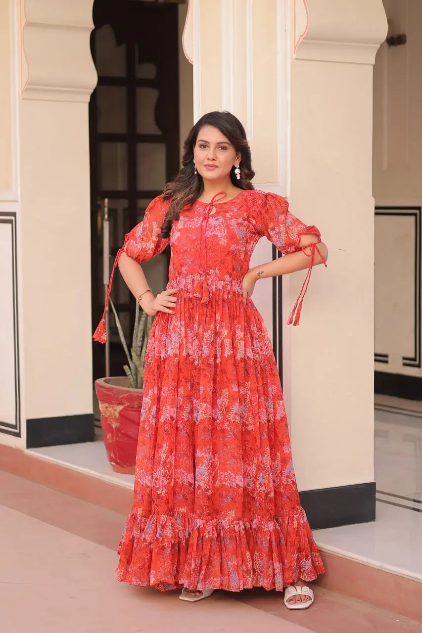 Blue Floral Printed Faux Georgette Gown | 12 MTR Flair | Festive & Party Wear