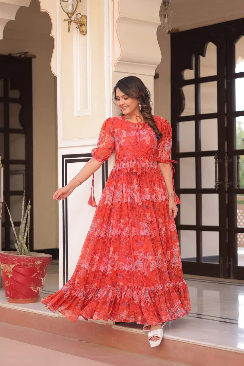 Blue Floral Printed Faux Georgette Gown | 12 MTR Flair | Festive & Party Wear