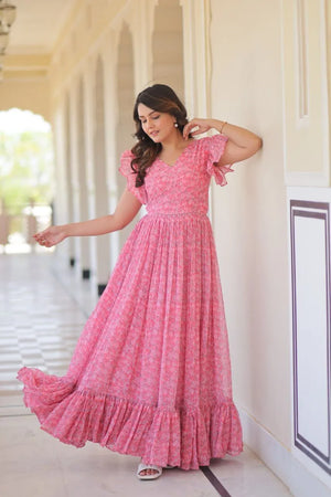 Blue Floral Printed Faux Georgette Gown | 12 MTR Flair | Festive & Party Wear