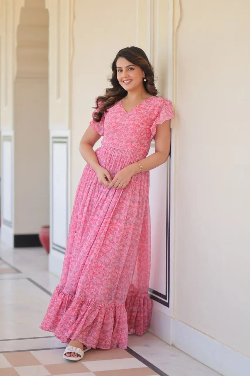 Blue Floral Printed Faux Georgette Gown | 12 MTR Flair | Festive & Party Wear