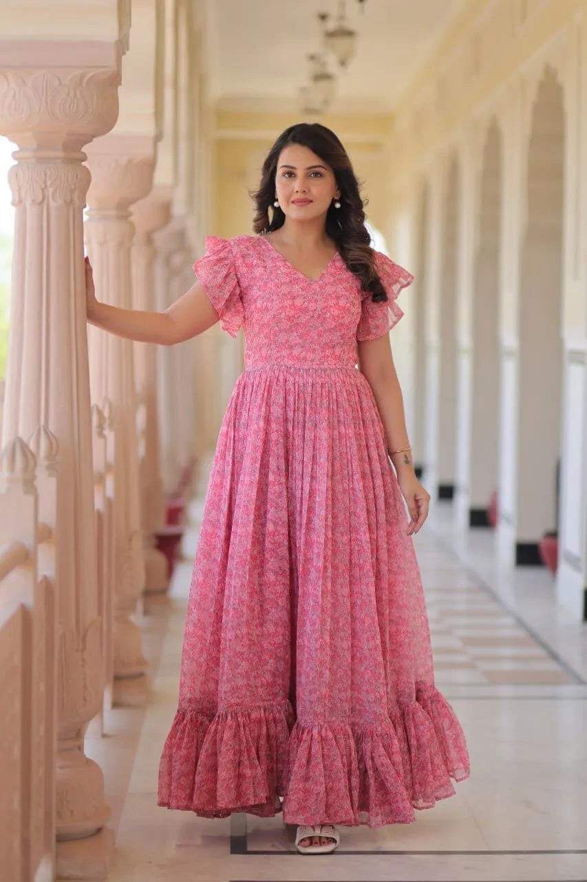 Blue Floral Printed Faux Georgette Gown | 12 MTR Flair | Festive & Party Wear