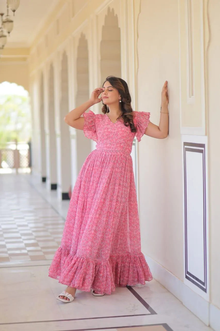 Blue Floral Printed Faux Georgette Gown | 12 MTR Flair | Festive & Party Wear