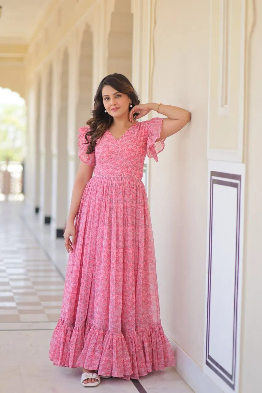 Blue Floral Printed Faux Georgette Gown | 12 MTR Flair | Festive & Party Wear
