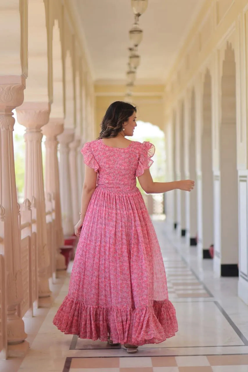 Blue Floral Printed Faux Georgette Gown | 12 MTR Flair | Festive & Party Wear