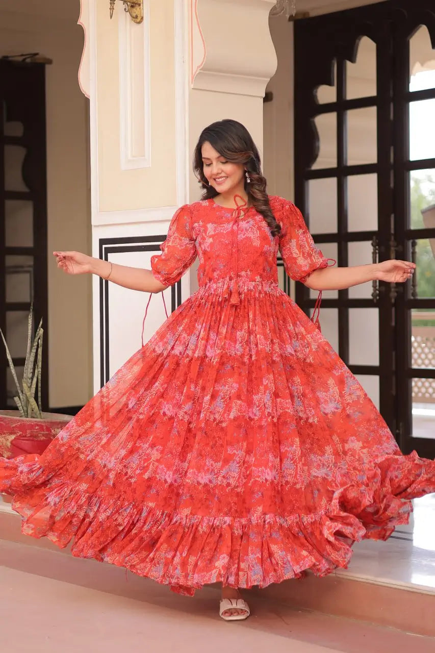 Blue Floral Printed Faux Georgette Gown | 12 MTR Flair | Festive & Party Wear