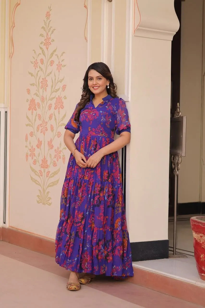 Blue Floral Printed Faux Georgette Gown | 12 MTR Flair | Festive & Party Wear