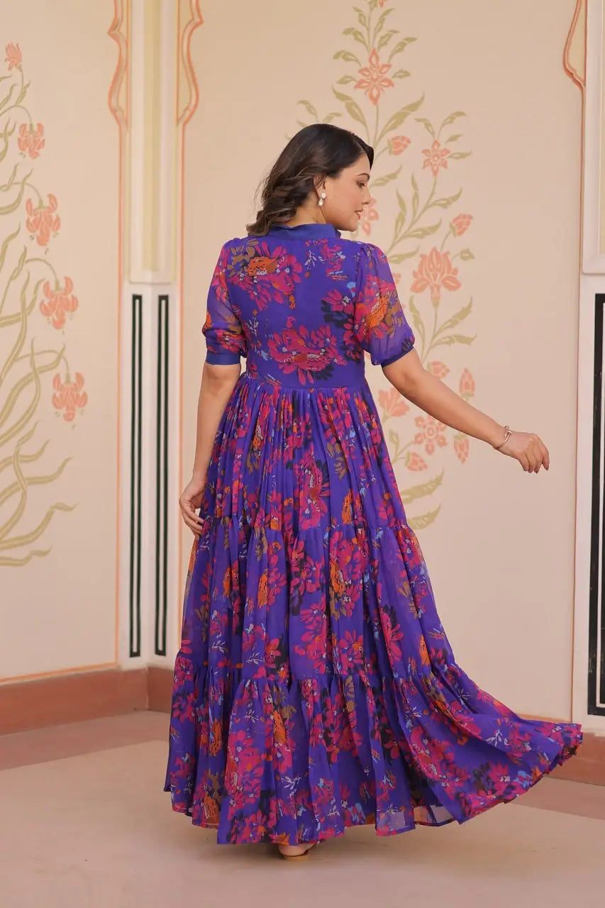 Blue Floral Printed Faux Georgette Gown | 12 MTR Flair | Festive & Party Wear