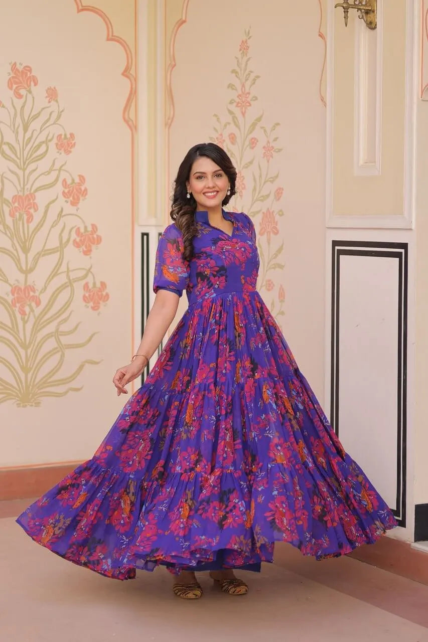 Blue Floral Printed Faux Georgette Gown | 12 MTR Flair | Festive & Party Wear