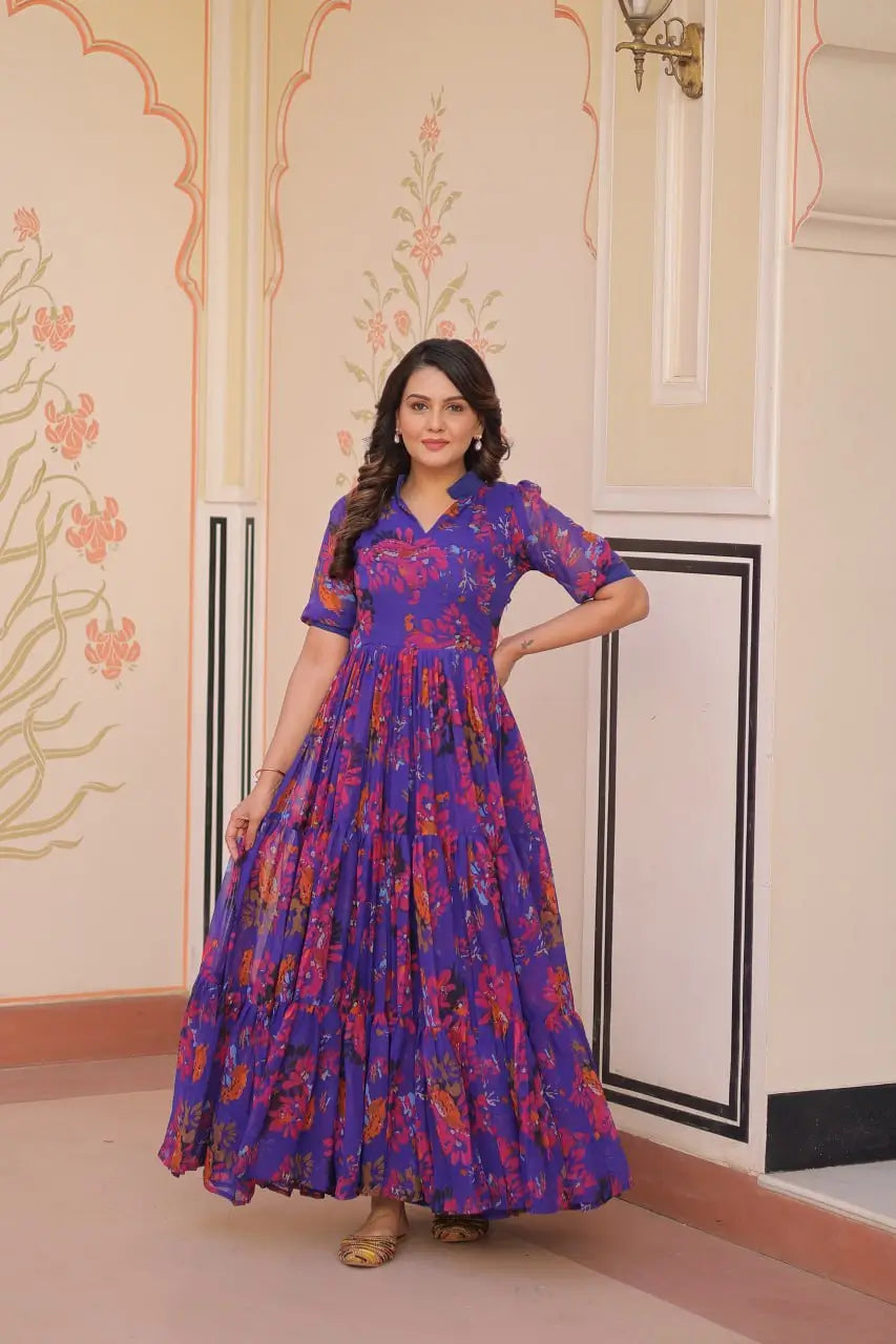 Blue Floral Printed Faux Georgette Gown | 12 MTR Flair | Festive & Party Wear