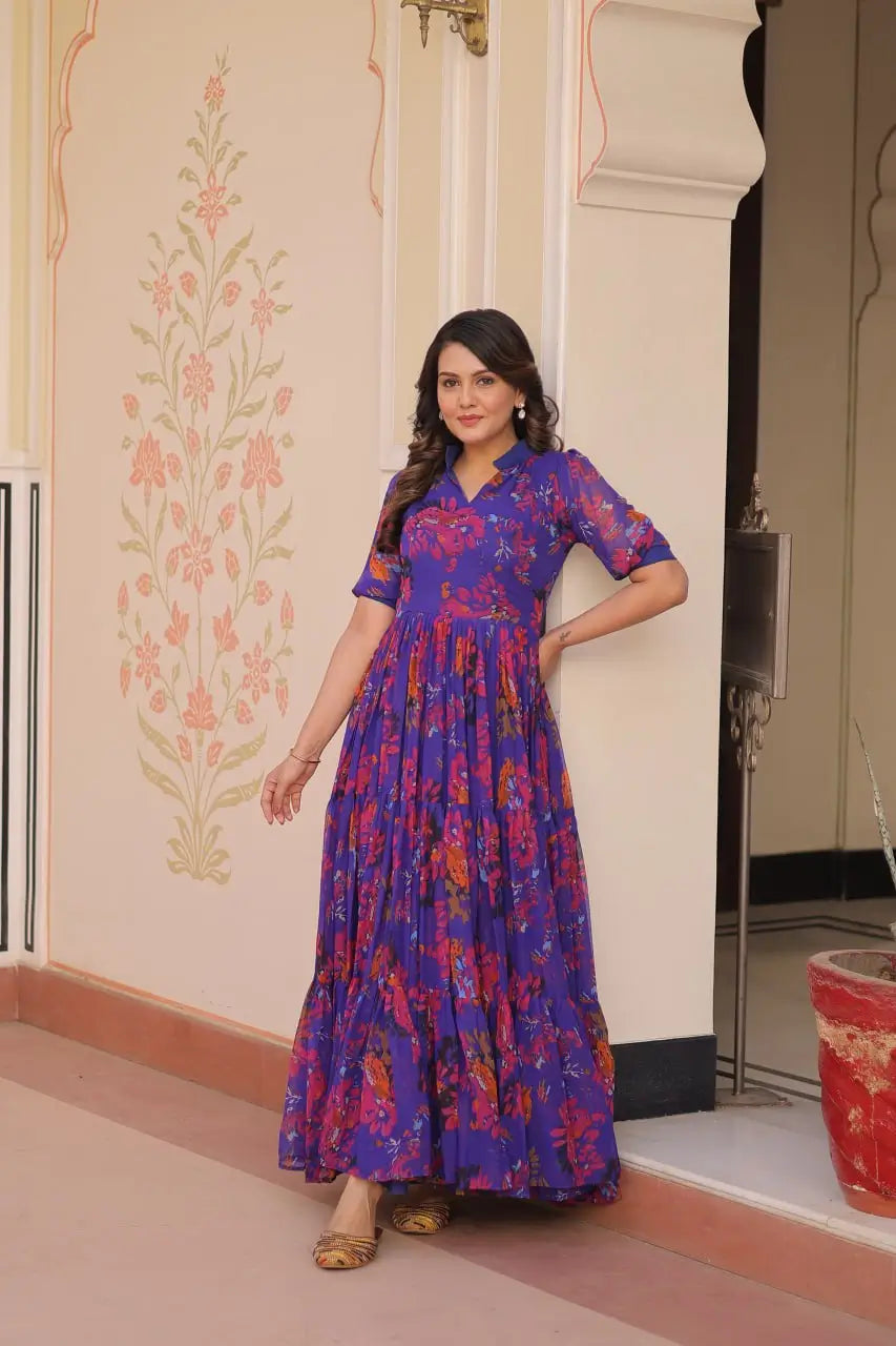 Blue Floral Printed Faux Georgette Gown | 12 MTR Flair | Festive & Party Wear